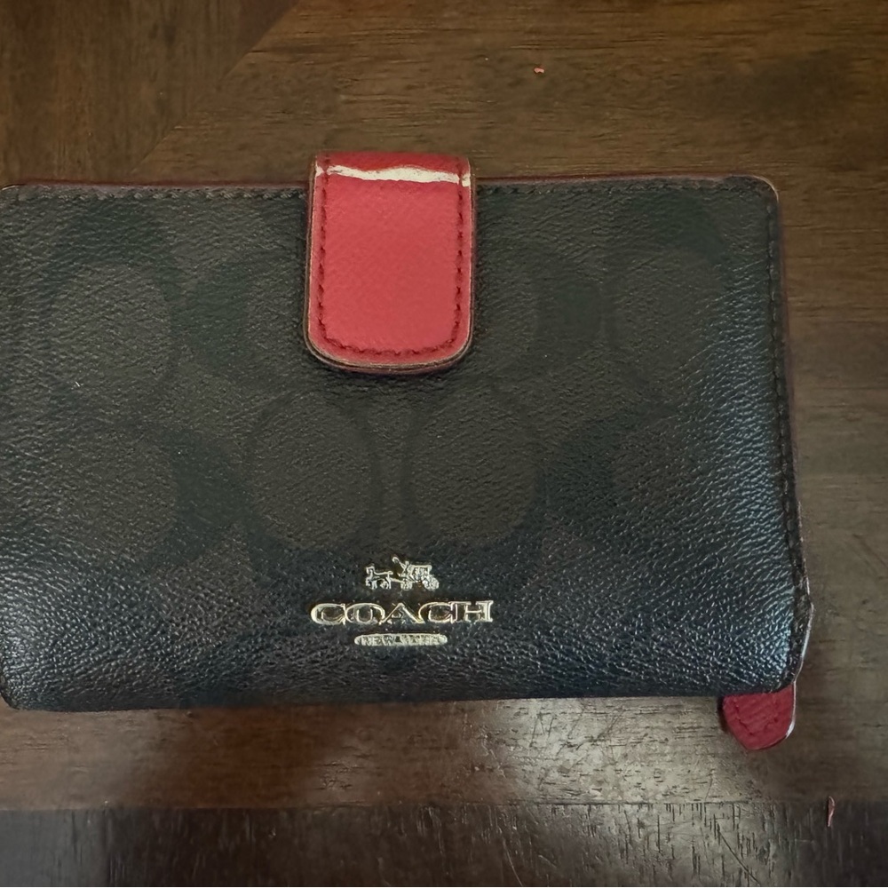 Coach Brown and Red Signature Corner Zip Wallet